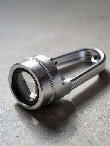 Macro studio shot of an anodized aluminum safety device with optical-grade glass lens, resting on a clean concrete surface, cool directional lighting with sharp shadows