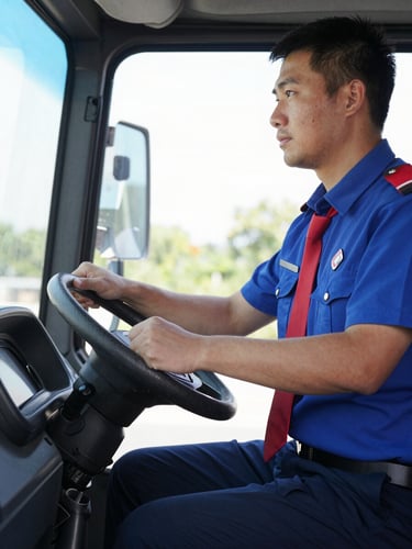 Close-up of a professional uniform-clad bus driver adjusting a clean steering wheel, modern dashboard visible, soft natural daylight, high-trust atmosphere