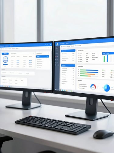 A clean modern home office setup with dual monitors showing operational dashboards, bright natural window light, cool blue accents, professional depth of field