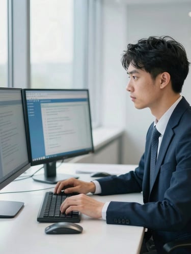 A focused professional working at a clean desk setup with dual monitors, natural window light, professional corporate atmosphere, cool blue tones