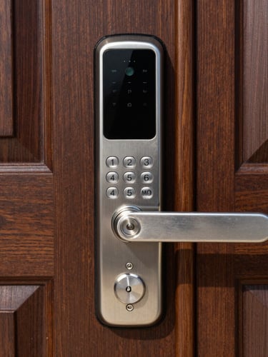 Close-up of a modern electronic smart lock keypad installed on a clean, premium dark oak door, bright Southern California daylight reflecting off the metal surface, sharp focus