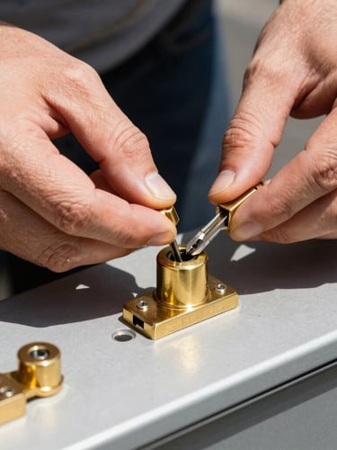 Macro shot of a locksmith's hands rekeying a solid brass lock cylinder on a mobile workbench inside a service van, sharp focus on mechanical details, bright daylight, 35mm