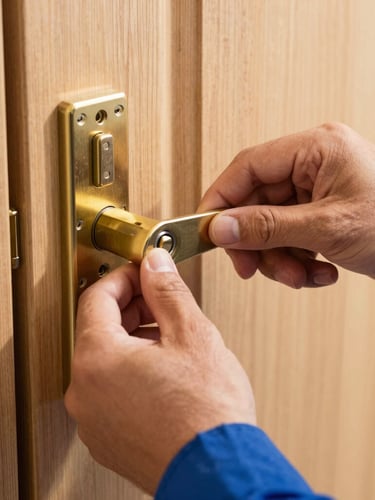 Macro close-up of a professional locksmith's hands in uniform installing a high-quality solid brass lock cylinder into a modern wooden door, bright natural daylight, 35mm
