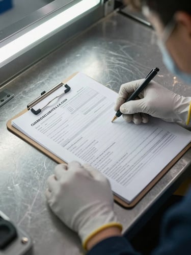 Close-up overhead shot of gloved hands sorting compliance permit paperwork on a metal work surface inside a processing facility, fluorescent overhead lighting, clipboard and documentation forms visible, operational detail not lifestyle