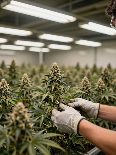 Wide shot inside a Mississippi cannabis cultivation facility, rows of grow infrastructure receding into background under industrial fluorescent lighting, a worker's gloved hands adjusting equipment in the foreground, no faces visible, operational scale visible