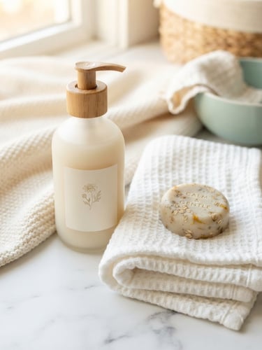 Bright clean close-up of gentle organic baby soap and soft cotton towels, warm morning light, clinical teal and soft cream tones, sharp focus