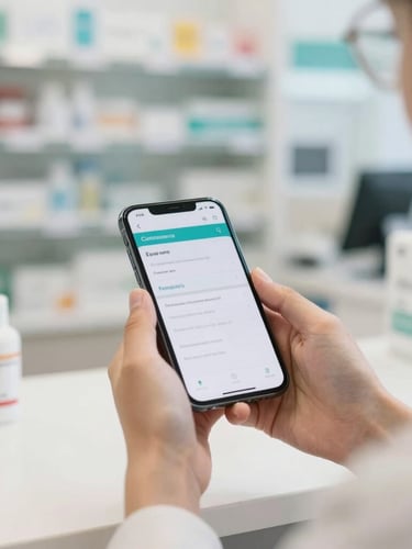 A customer's hands holding a smartphone showing a clear prescription document, with a clean, modern pharmacy counter in the soft-focus background, warm daylight