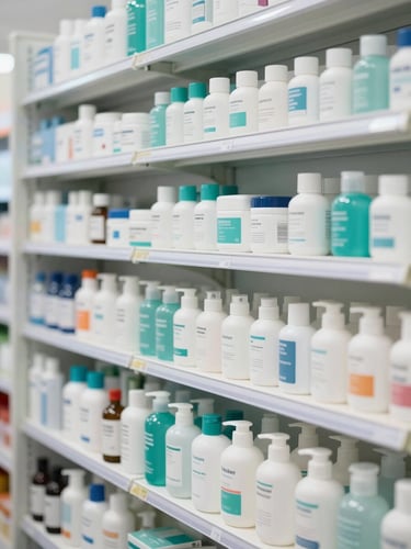 Clean organized pharmacy shelves with neatly arranged personal care bottles, bright natural daylight, clinical teal accents, 35mm lens