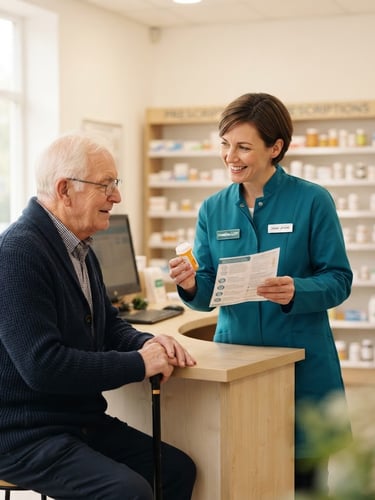 A bright clean photograph of a helpful pharmacist in a teal coat discussing medicine with an elderly patient in a warm white pharmacy interior, soft natural daylight, 35mm lens