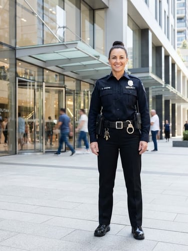 Confident security officer in a crisp uniform standing in front of a modern business mall entrance, bright natural daylight, clean architectural lines, professional environmental portrait.