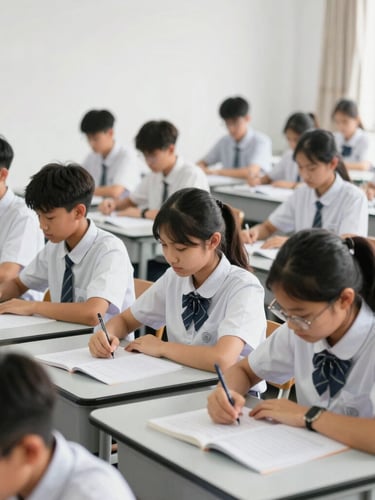 Wide environmental portrait of a diverse group of students actively engaged in hands-on practical training in a well-lit classroom, wearing clean uniforms, focused on a task, natural daylight, crisp colors, 35mm.