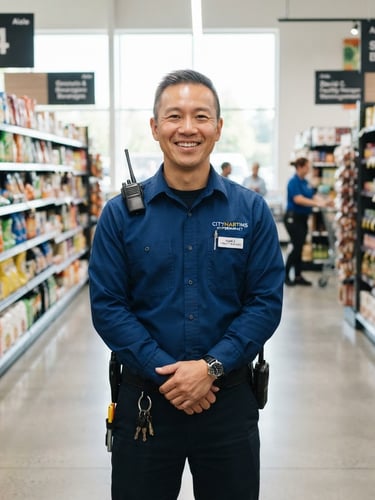 Confident male facility manager in a clean, modern hypermarket aisle, wearing a crisp uniform, smiling towards the camera. Bright natural daylight, professional environmental portrait, sharp focus.