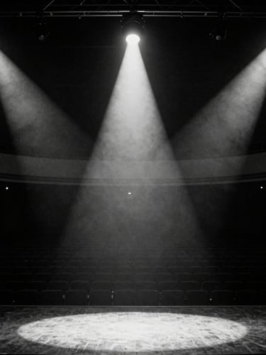 Low-angle dramatic silhouette of an empty auditorium stage, intense spotlight beaming down from the rafters, deep charcoal shadows, sharp focus, 35mm film grain.