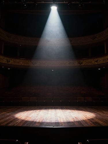 Dramatic low-angle shot of an empty mahogany auditorium stage, a single sharp spotlight cutting through deep shadows, high-contrast chiaroscuro, 35mm film grain.