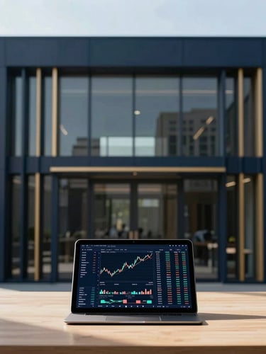 Modern, sunlit workspace with a digital tablet displaying financial data, sharp focus, architectural symmetry, deep navy and subtle gold tones, 35mm, professional editorial photography, image bleeding to the right edge.