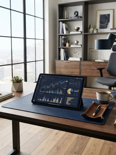 Modern, sunlit workspace with a digital tablet displaying financial reports, architectural lines, deep navy and subtle gold tones, sharp focus, 35mm