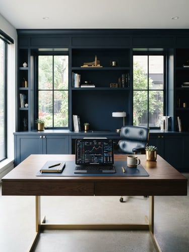 Wide editorial shot of a modern, sunlit workspace with clean lines and architectural symmetry, a digital tablet displaying financial data on a desk, subtle gold accents, bright natural daylight, deep navy tones, sharp focus, 35mm.