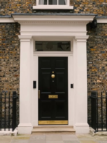 Straight-on architectural shot of a classic London brick townhouse entrance, elegant black painted door with brass fixtures, soft overcast British daylight