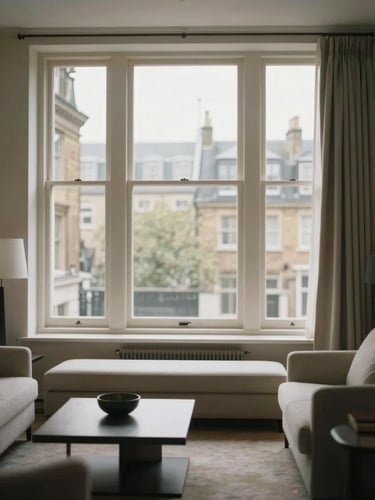 Bright lateral flat interior with natural overcast daylight streaming through large sash windows, minimalist luxury furniture, desaturated heritage tones