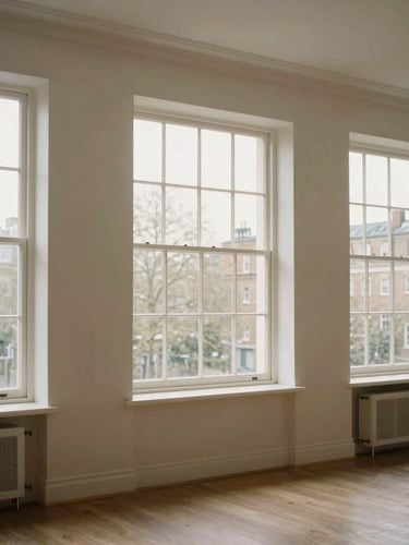 Bright lateral flat interior with natural light streaming through large sash windows, minimalist heritage styling, desaturated tones