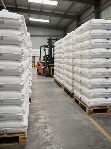 Deep warehouse interior under flat daylight, rows of stacked 50kg rice bags in uniform white packaging receding into the background, forklift visible at mid-distance, concrete floor clean and wide, high ceiling with industrial lighting