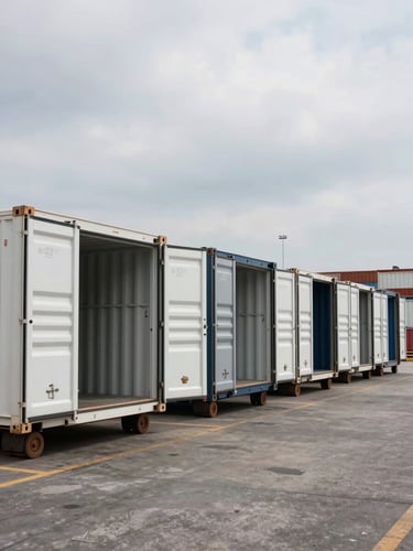 Wide-angle dock-level shot of refrigerated reefer containers lined up at a port terminal under flat overcast daylight, container doors open showing interior cooling rails, no people, operational scale