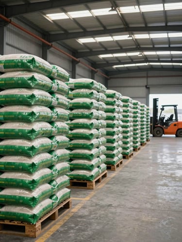 Wide shot of a large export warehouse interior, rows of stacked bulk rice bags in green and white packaging receding into the distance under industrial daylight, forklift visible at mid-depth, clean concrete floor, operational scale evident