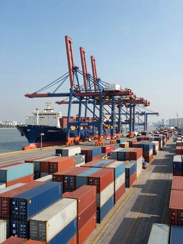 Wide panoramic view of a commercial port at daylight, stacked ISO shipping containers stretching deep into the frame on the right, gantry cranes visible mid-background, container vessel docked at berth, clean industrial blue sky overhead