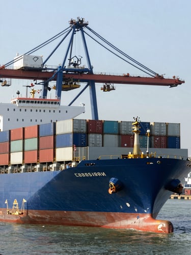 Dock-level shot of cargo containers being loaded onto a bulk carrier ship at an Indian port under clear daylight, container stacks visible in background, cranes overhead, industrial scale