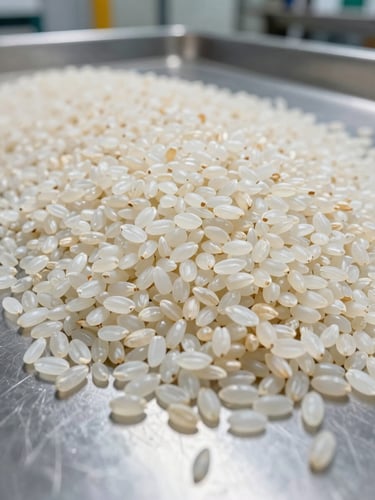 Close-up wide shot of a grading floor, sorted premium long-grain rice kernels spread across a clean stainless steel surface under clinical daylight, shallow depth of field showing grain uniformity and whiteness, processing facility context visible in background