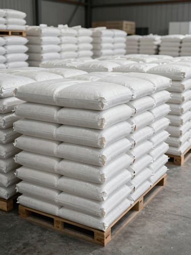 Wide shot of stacked white PP rice bags in a deep warehouse under natural daylight, rows receding into background showing scale and operational depth, clean concrete floor, no workers