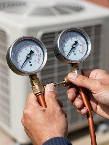 Close-up of a technician's hands holding manifold gauges connected to copper lines, crisp cool utility light, sharp focus, 35mm lens, AC unit components blurred in background.
