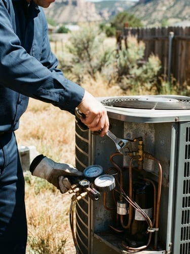 Crisp documentary photo of a Canon City AC Repair Experts technician in a clean uniform, diligently working on an outdoor condenser unit in bright Colorado midday sunlight, close-up on hands and tools, sharp focus.