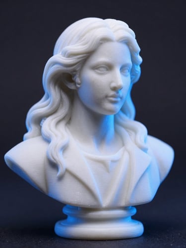 Macro photography of a highly detailed 3D printed collectible bust, flawless surface finish, no stringing, cool blue rim light, dark background