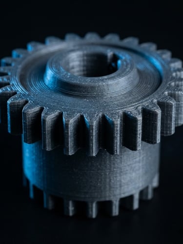 Macro shot of a 3D printed mechanical gear with flawless layer lines, cool blue rim lighting, dark background, sharp studio product photography