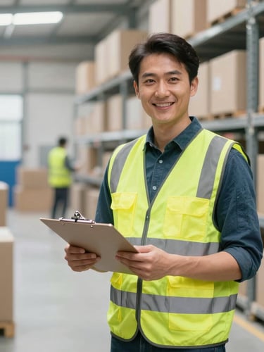 A professional operational manager in a safety vest holding a clipboard, standing in a bright, organized logistics hub, 35mm lens
