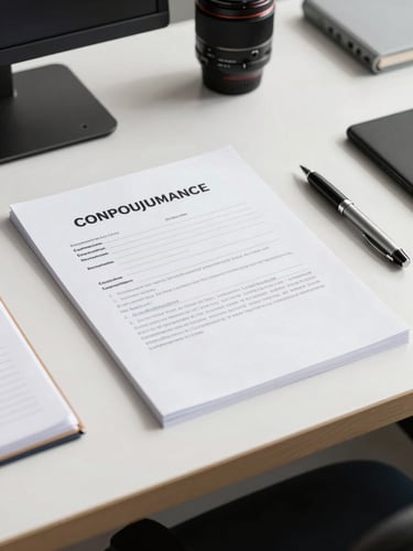 A professional legal compliance document on a clean slate desk, a pen resting beside it, bright natural daylight, sharp focus, professional operational environment