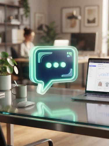 Sleek 3D render of a glowing green and navy chat bubble floating over a modern glass desk, professional e-commerce workspace background, warm studio lighting