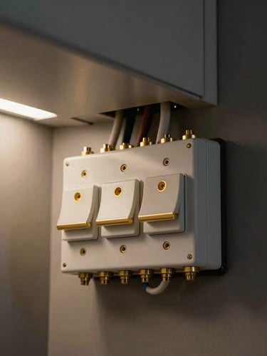 Close-up of a modern, neatly wired domestic consumer unit with gold-plated switches, clean architectural lighting, sharp focus.