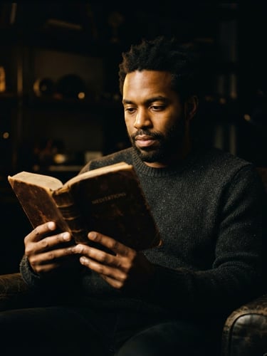 Low-key editorial photo of Preston Brown holding a leather-bound book in a dimly lit studio, warm golden spotlighting, deep shadows, 35mm film grain