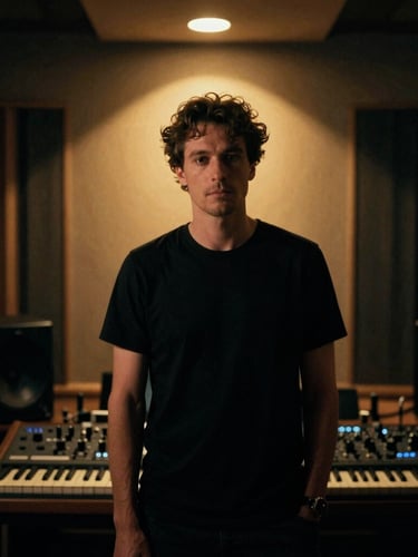 Medium environmental shot of Preston Brown in a professional recording studio, warm golden backlighting, deep shadows, 35mm film grain