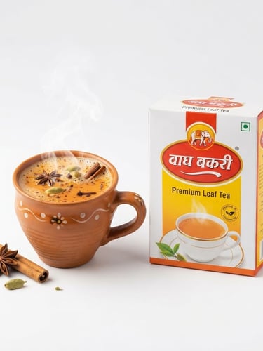 Straight-on bright studio shot of a steaming cup of Indian masala tea next to a neatly organized box of Wagh Bakri tea, clean white background, high-key lighting