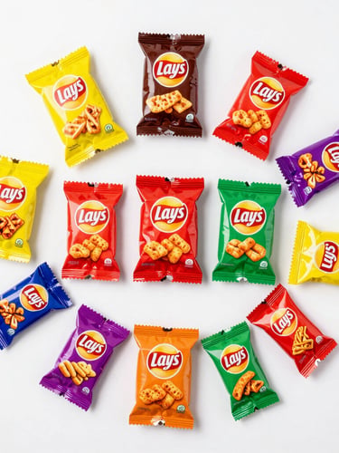 Bright overhead flat-lay of colorful Indian snack packets including Kurkure and Lay's arranged neatly on a clean white surface, vibrant colors, crisp studio lighting