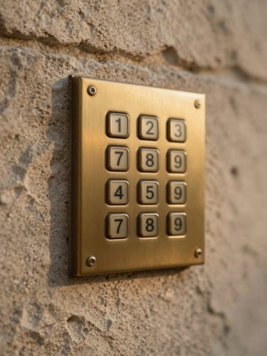 Extreme close-up of a flush-mounted custom brass keypad integrated seamlessly into a raw textured stone wall, soft warm evening light casting gentle shadows, architectural precision, low contrast.