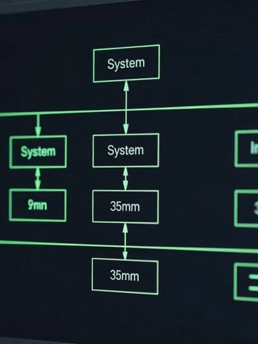 Sleek tech photography of a clean system architecture blueprint on a dark screen, neon green accent lines, sharp focus, 35mm