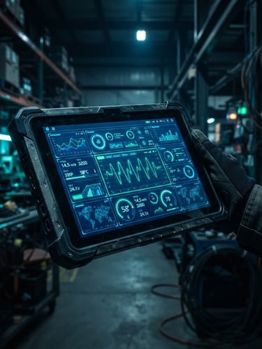 Sleek portrait mockup of a rugged Android tablet displaying real-time telemetry data in a dark warehouse environment, electric blue and neon green UI accents, sharp focus, 35mm