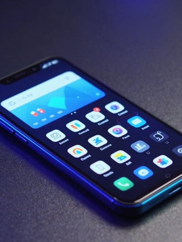 Isometric view of a sleek black Android smartphone displaying a dark-themed application interface with electric blue accents, resting on a dark metallic surface, cool neon lighting, 35mm.
