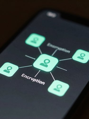 A close-up macro shot of a dark smartphone screen displaying secure, local encryption nodes glowing with a soft mint-green light, dark slate background, shallow depth of field, 35mm