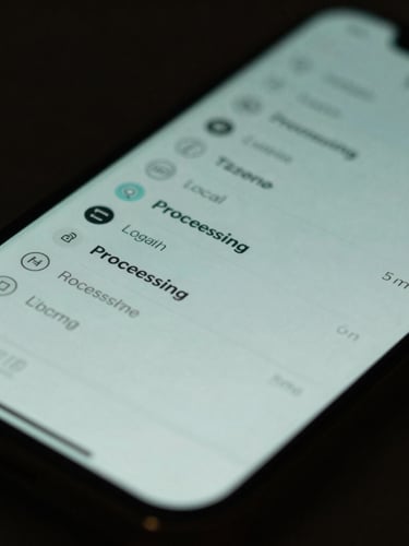 Macro shot of a modern smartphone screen displaying local processing indicators, soft ambient low-key mint lighting, muted slate and teal tones, shallow depth of field, 35mm