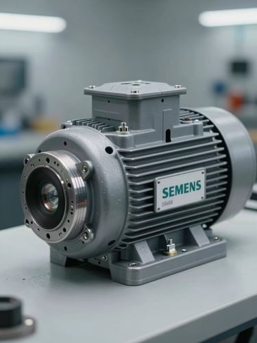 Close-up of a Siemens electric motor housing on a workshop bench, serial number plate in sharp focus, motor terminals and cooling fins visible, bright even studio lighting, industrial grey background